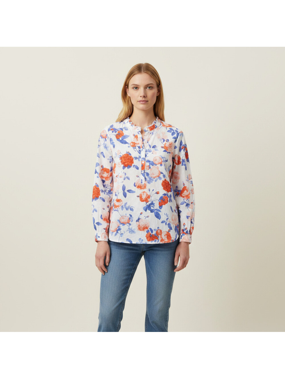 Talbots Blouse Women M Medium White Floral 1/2 Button Long Sleeve Cotton Casual